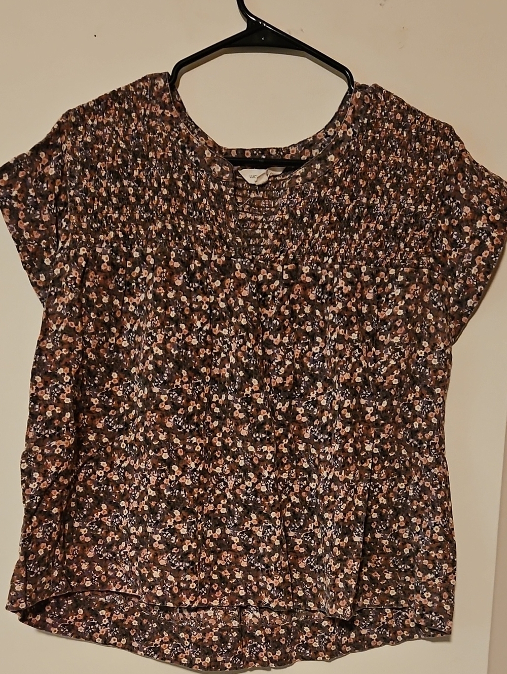 Lucky Brand Brown Multi Floral Smocked Neck Blouse